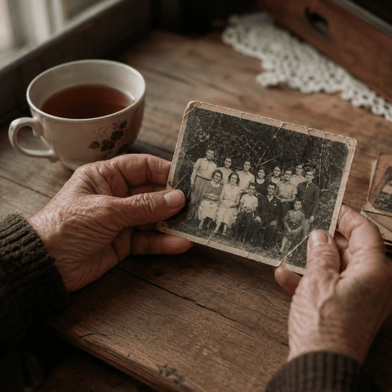 Weathered hands holding a worn black-and-white family photograph beside a cup of tea