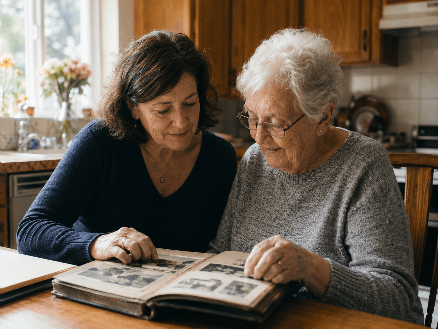 A daughter and her elderly mother looking through an old photo album at the kitchen table