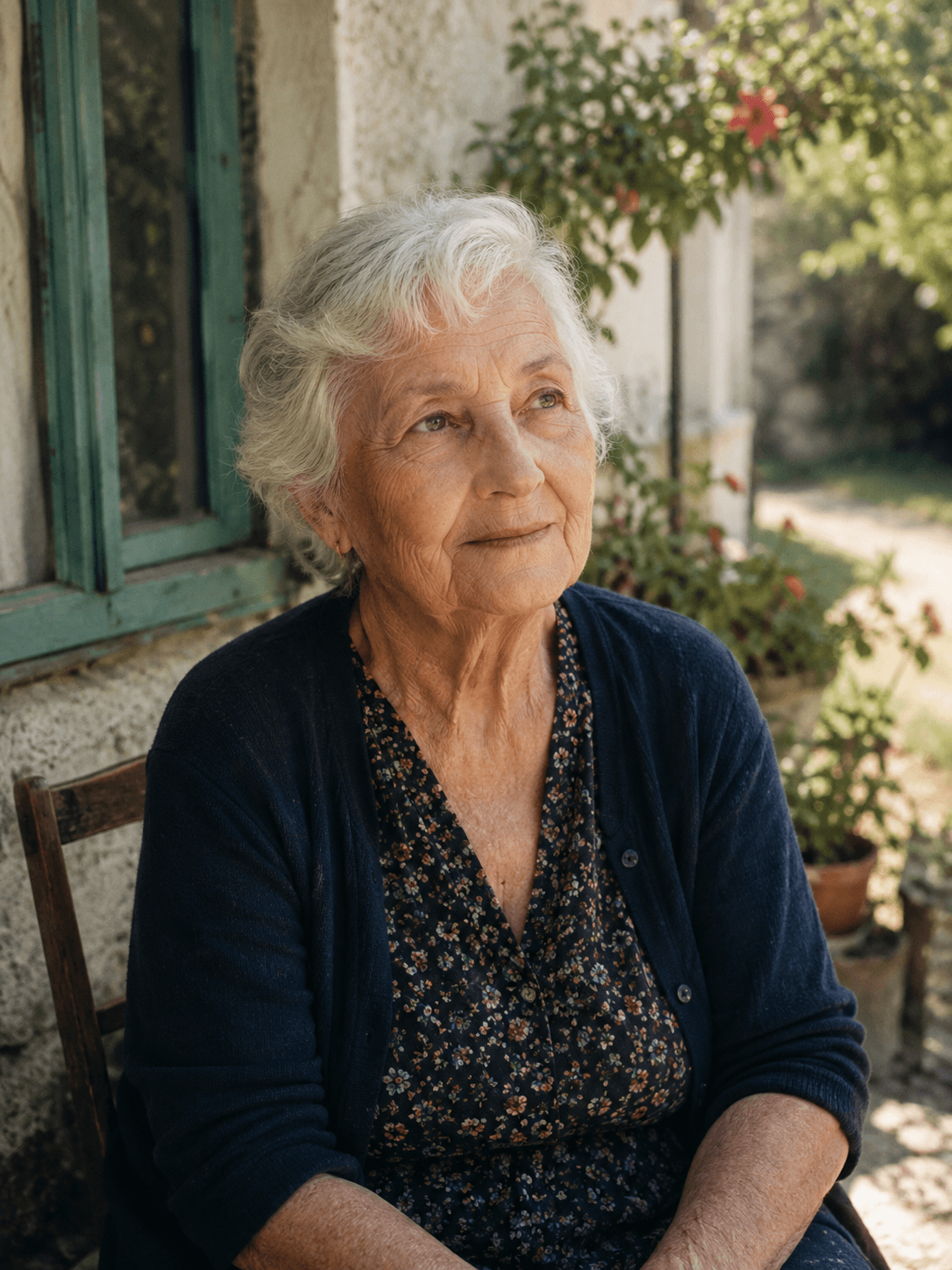 Sannie van der Berg, an elderly woman, sitting in the sunlight outside her home